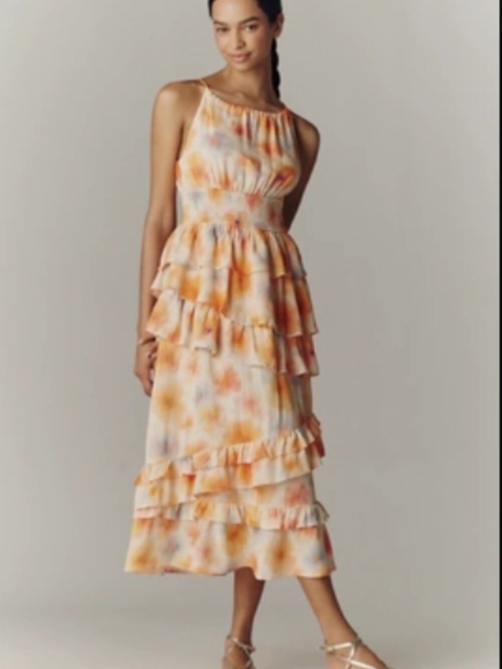 NWT By Anthropologie Tiered Ruffle Linen Blend Floral Halter Dress
